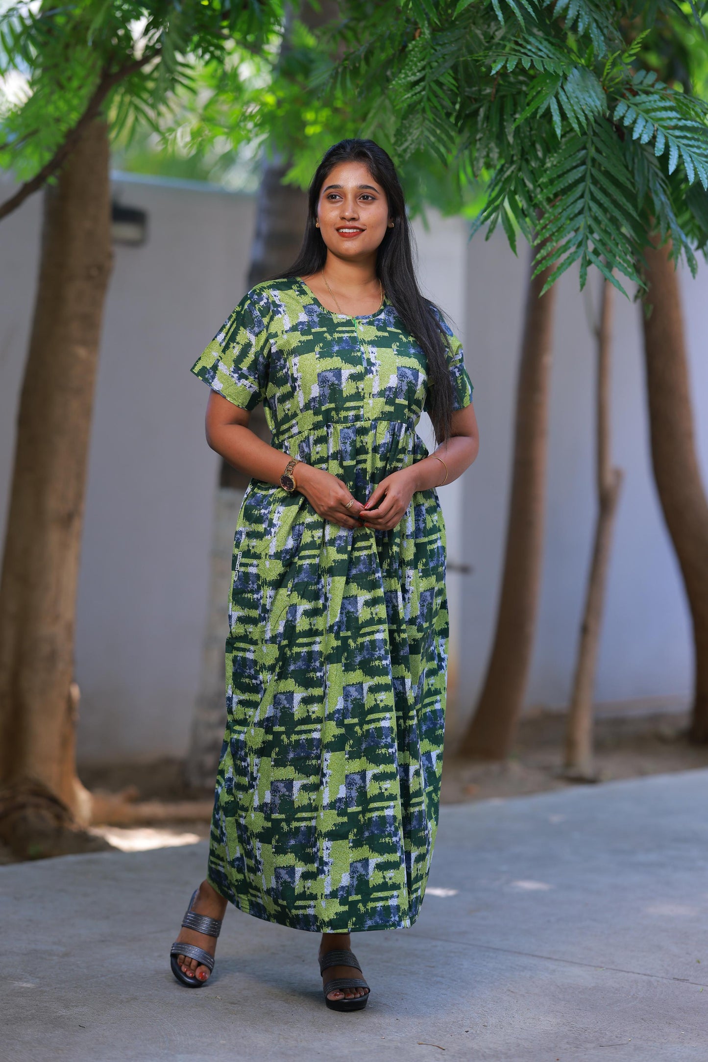 Green with Grey Digital Design With center zip Frock