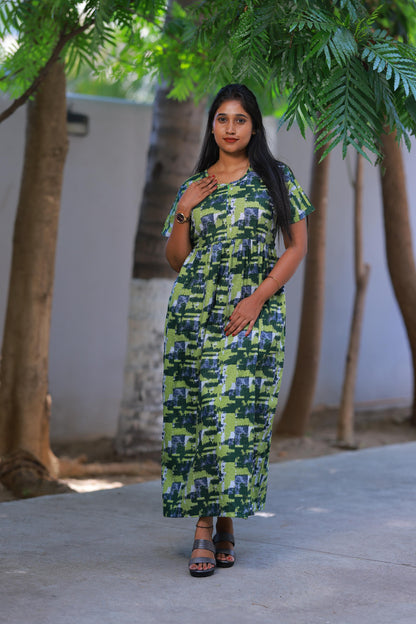 Green with Grey Digital Design With center zip Frock