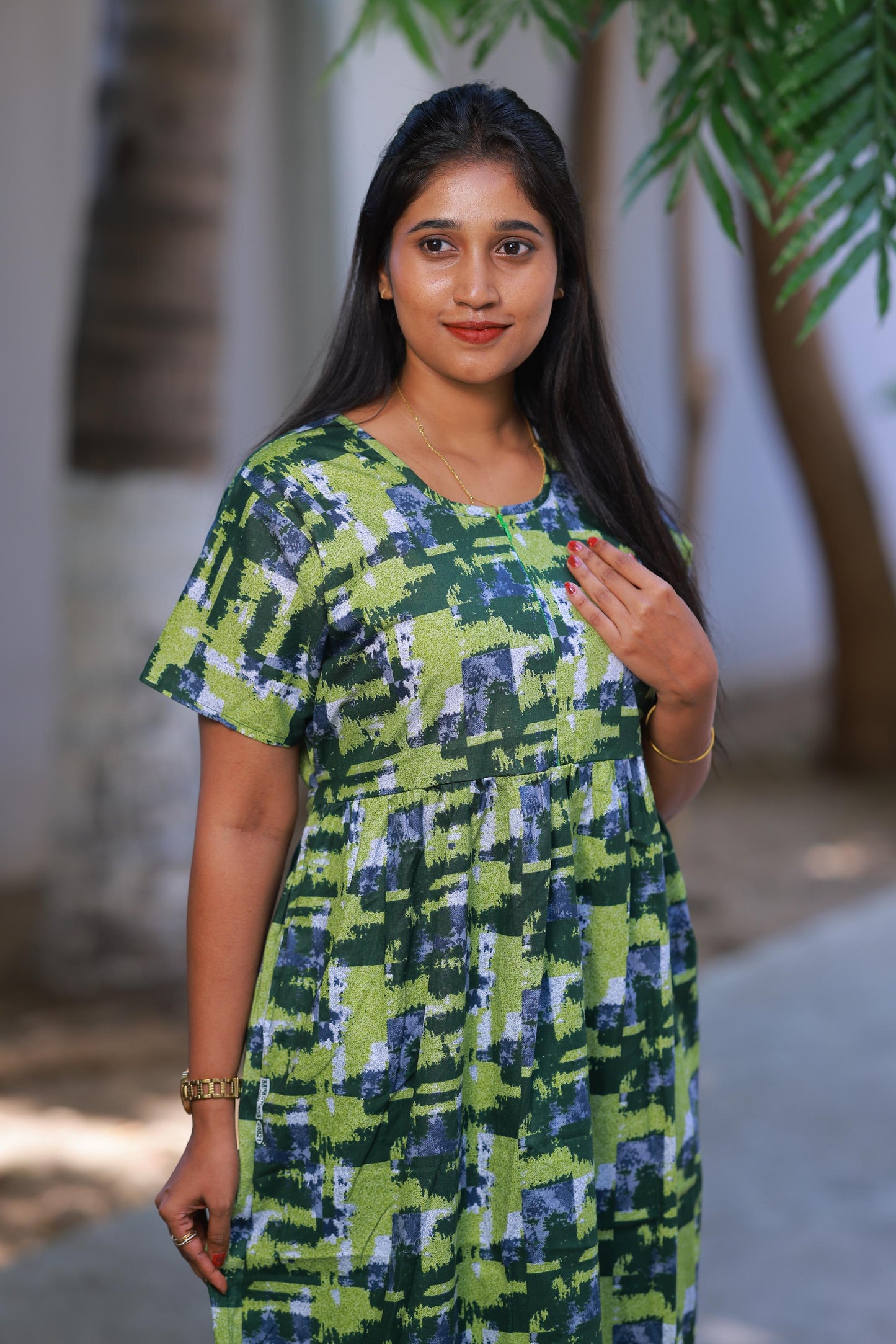 Green with Grey Digital Design With center zip Frock