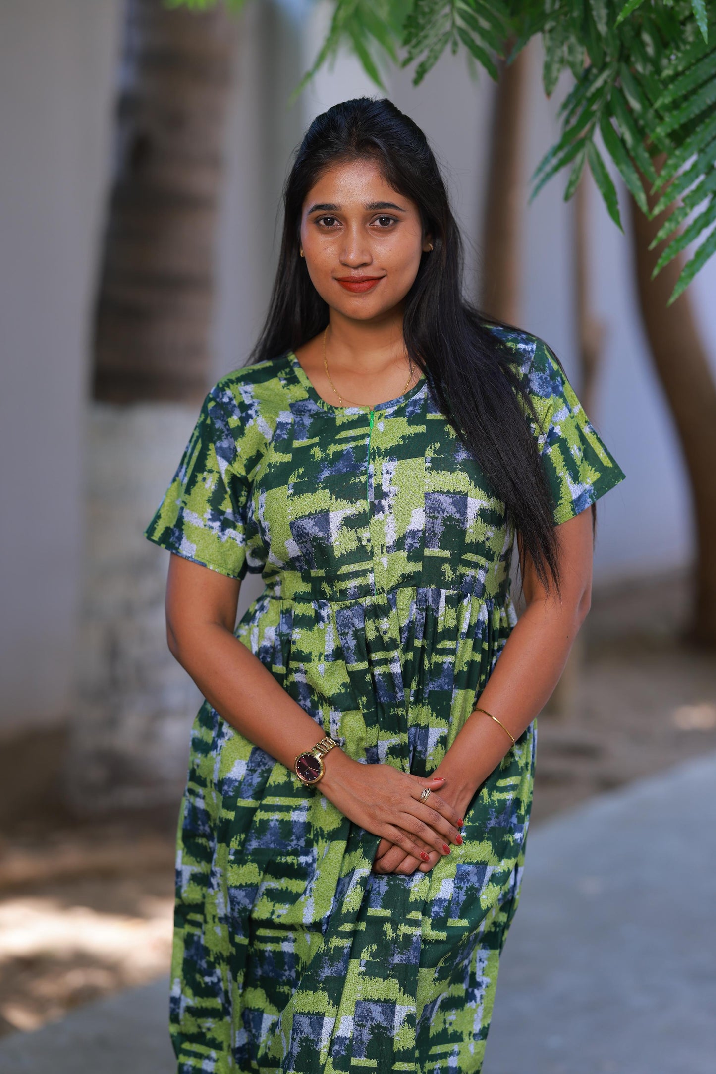 Green with Grey Digital Design With center zip Frock