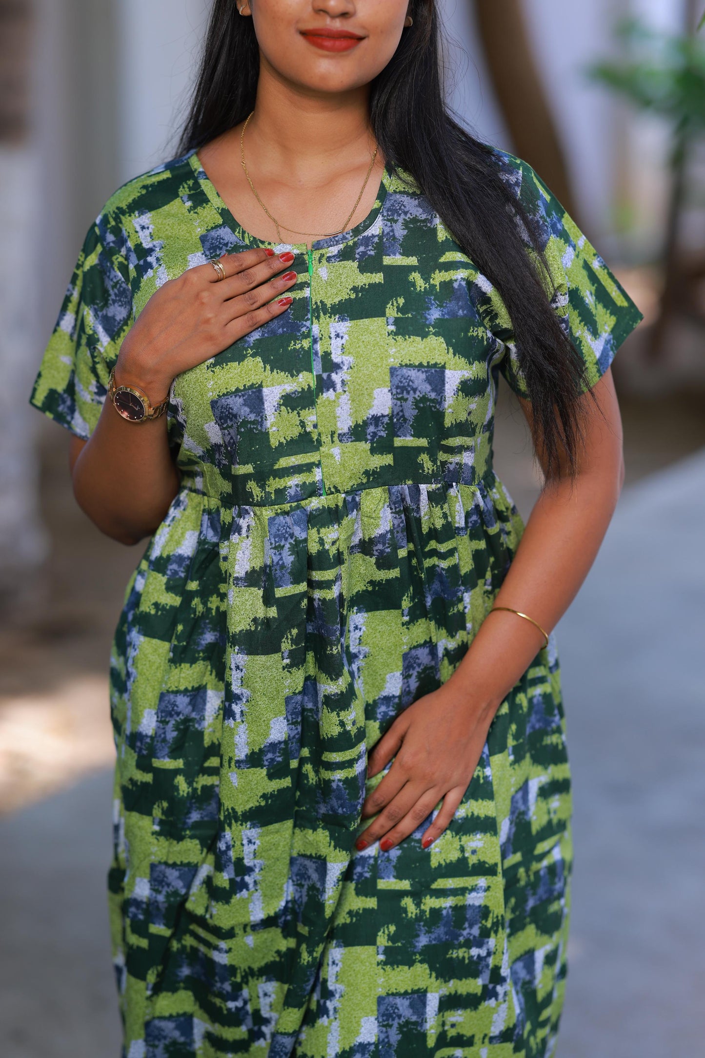 Green with Grey Digital Design With center zip Frock