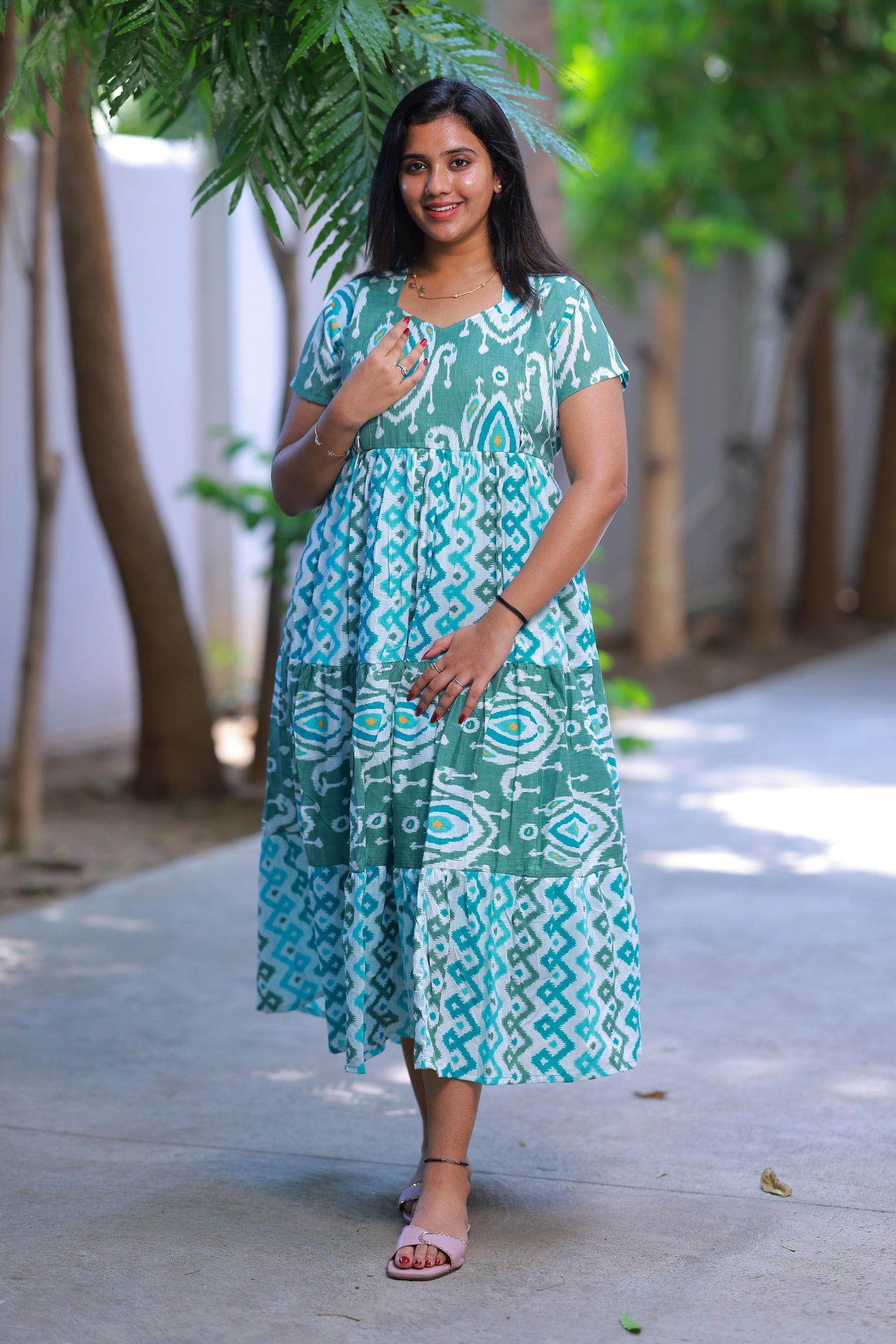 Shade of Olive Green With Ikat design Side zip Frock