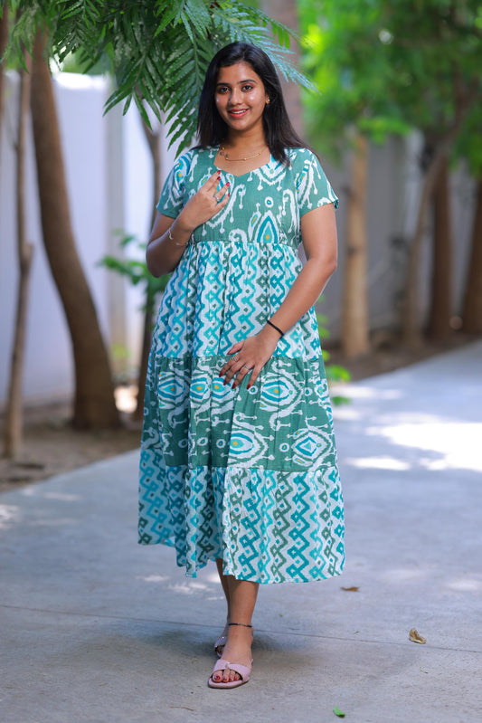 Shade of Olive Green With Ikat design Side zip Frock