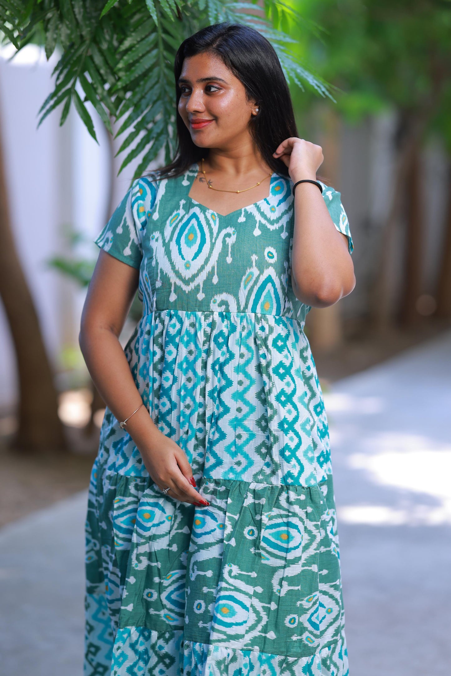 Shade of Olive Green With Ikat design Side zip Frock