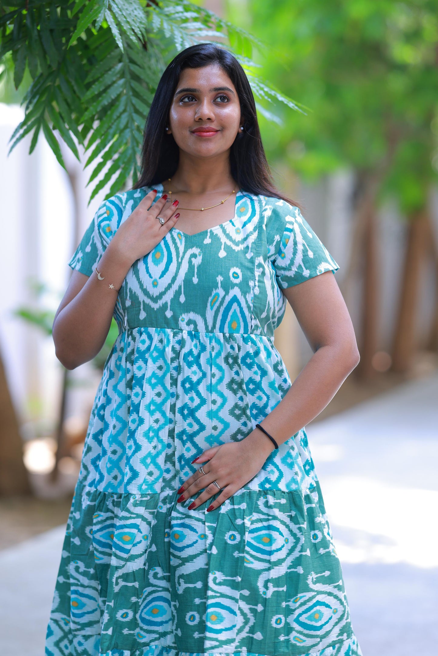 Shade of Olive Green With Ikat design Side zip Frock