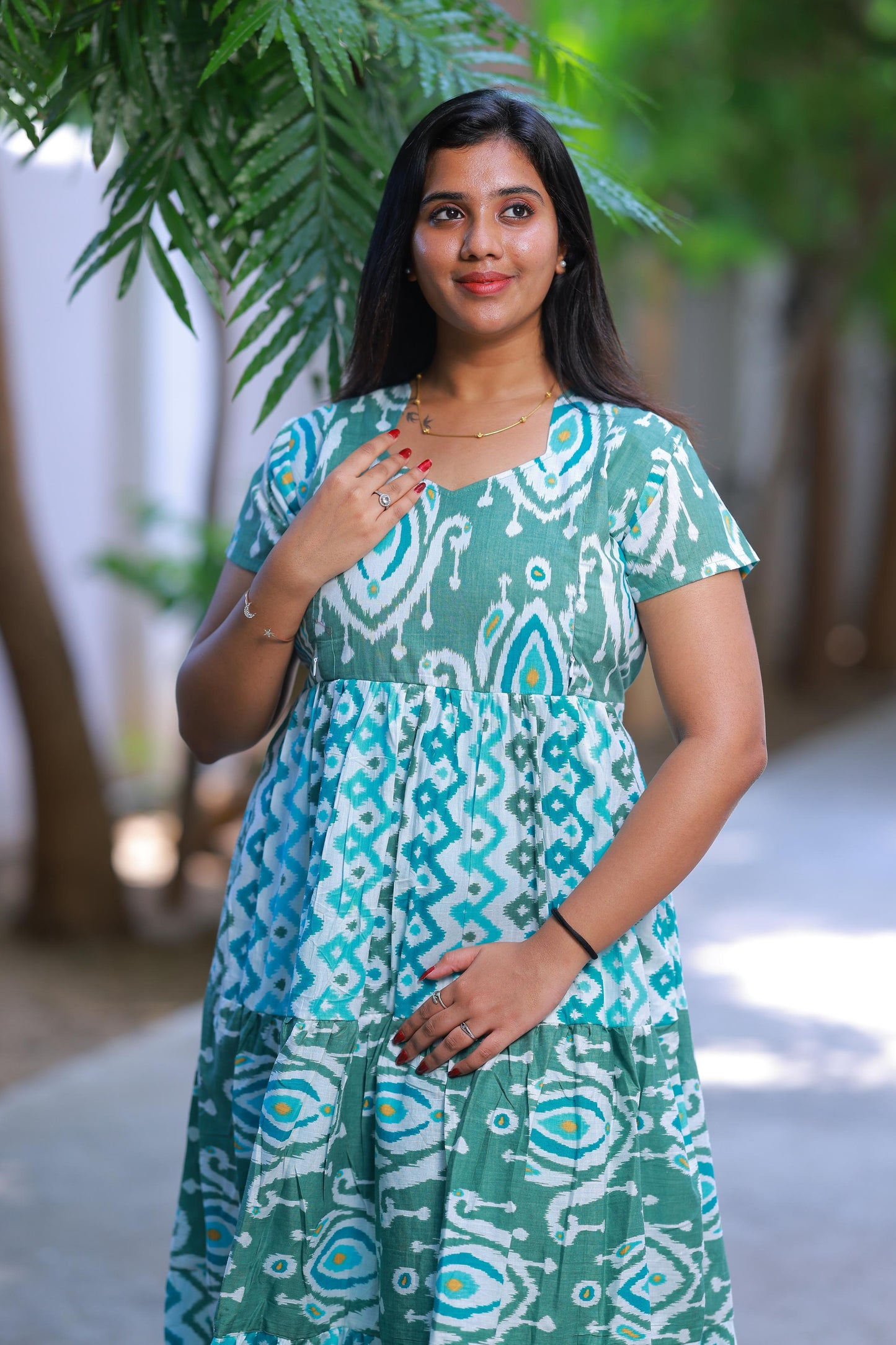 Shade of Olive Green With Ikat design Side zip Frock