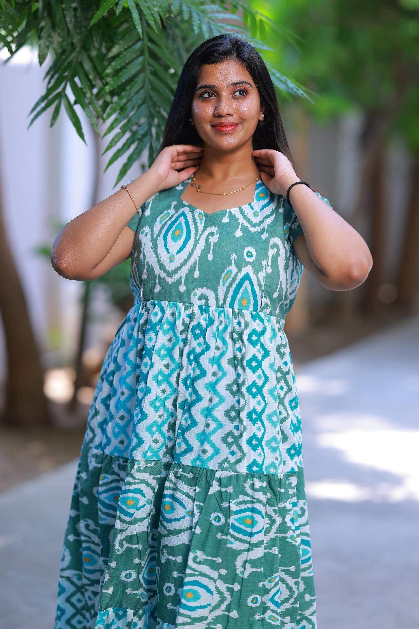 Shade of Olive Green With Ikat design Side zip Frock