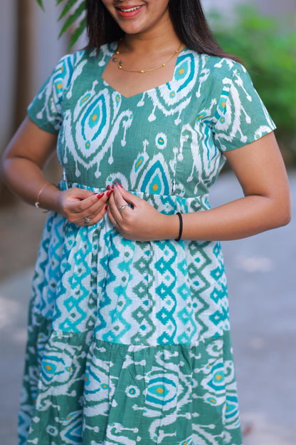 Shade of Olive Green With Ikat design Side zip Frock