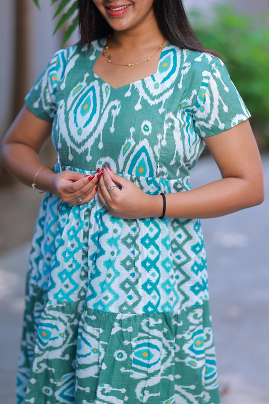 Shade of Olive Green With Ikat design Side zip Frock