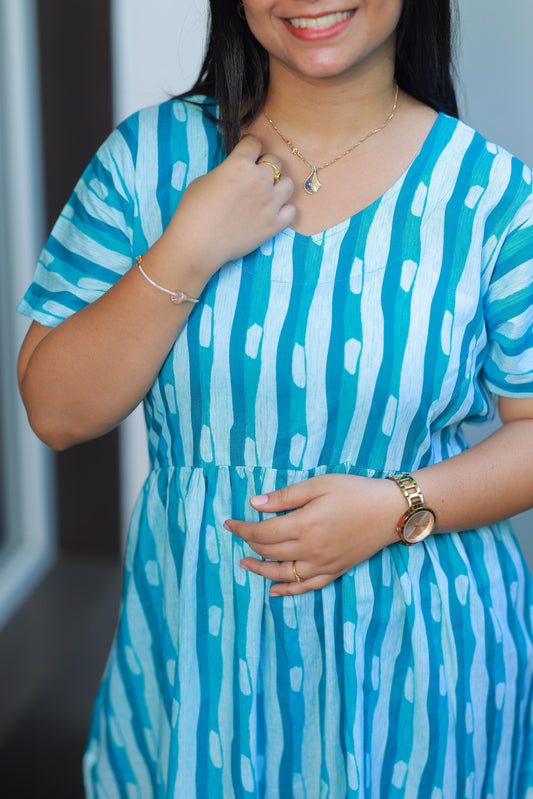 Shade of Green With White  Design Without zip  Frock - AHA Nightwears