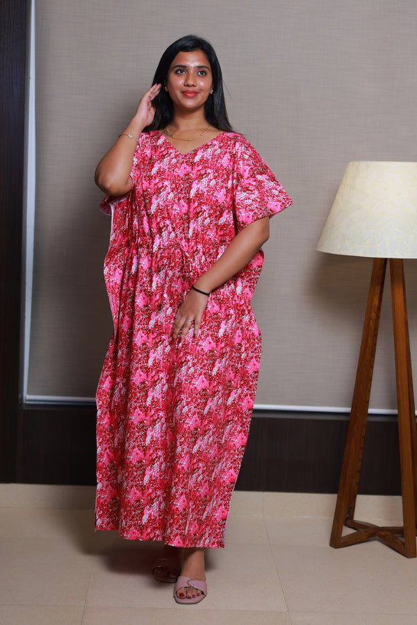 Pink With White Flower Design  kaftan Side zip