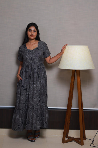 Gray with White Flower Design Double Layer Alphine design Center zip Frock