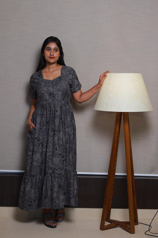 Gray with White Flower Design Double Layer Alphine design Center zip Frock