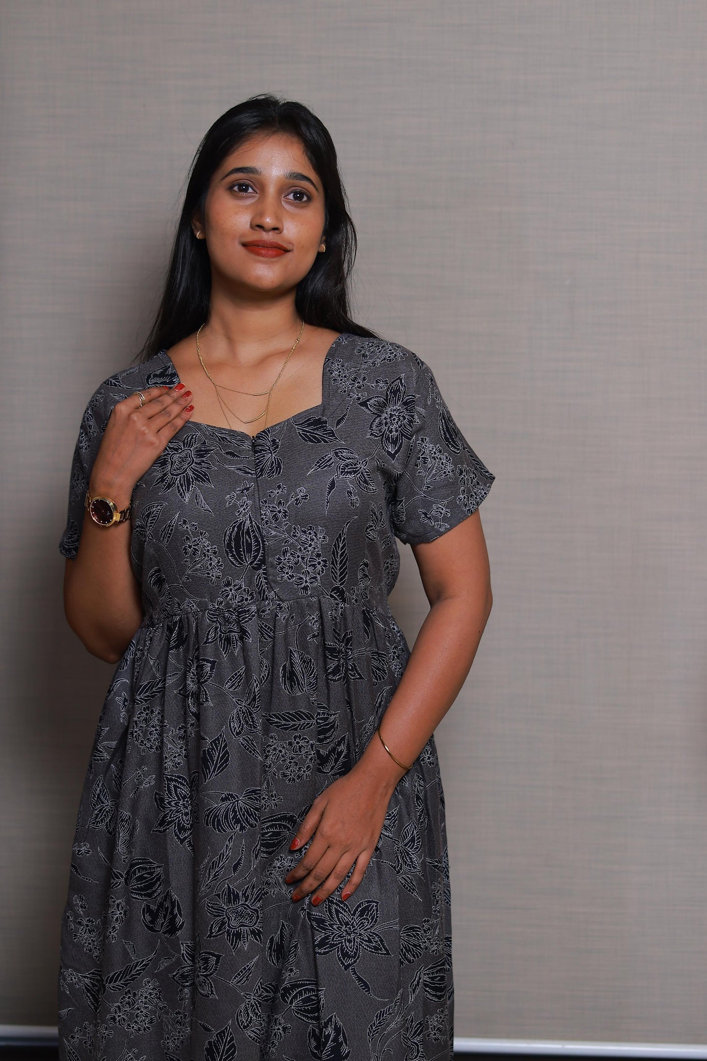 Gray with White Flower Design Double Layer Alphine design Center zip Frock