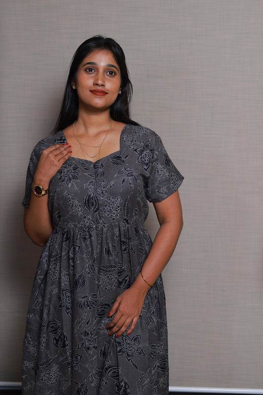 Gray with White Flower Design Double Layer Alphine design Center zip Frock
