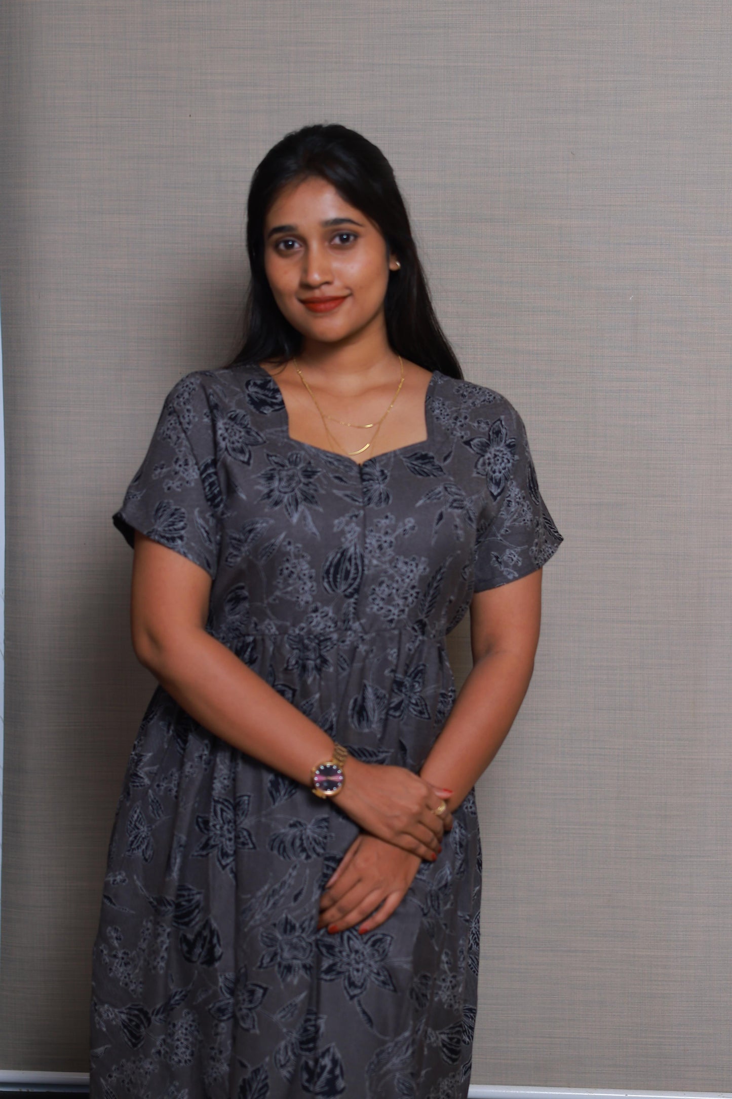Gray with White Flower Design Double Layer Alphine design Center zip Frock