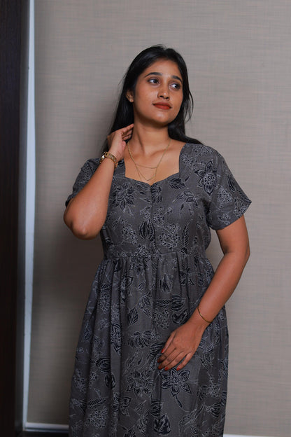 Gray with White Flower Design Double Layer Alphine design Center zip Frock