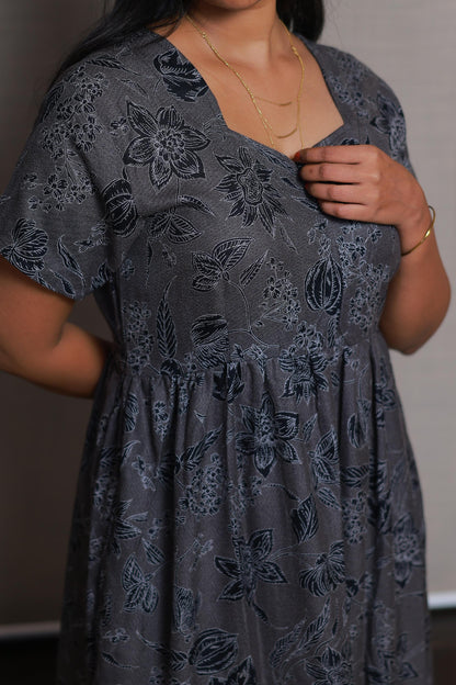 Gray with White Flower Design Double Layer Alphine design Center zip Frock