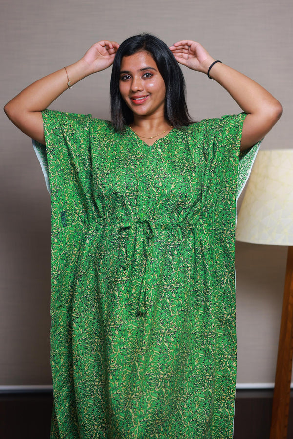 Dark Green With Yellow casual cotton kaftan with center zip