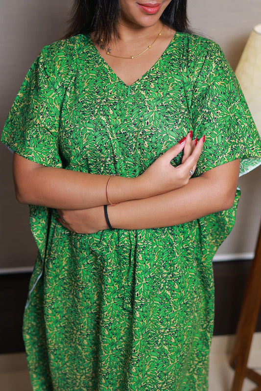 Dark Green With Yellow casual cotton kaftan with center zip