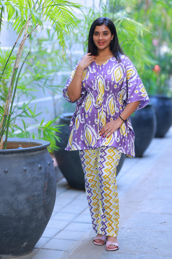 Pretty Jaipur cotton kaftan with pyjamas set ( 2 pcs set ) - AHA Nightwears