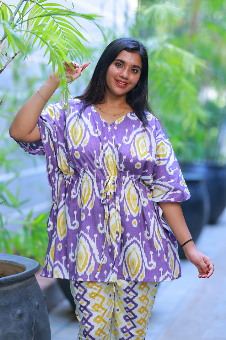 Pretty Jaipur cotton kaftan with pyjamas set ( 2 pcs set ) - AHA Nightwears