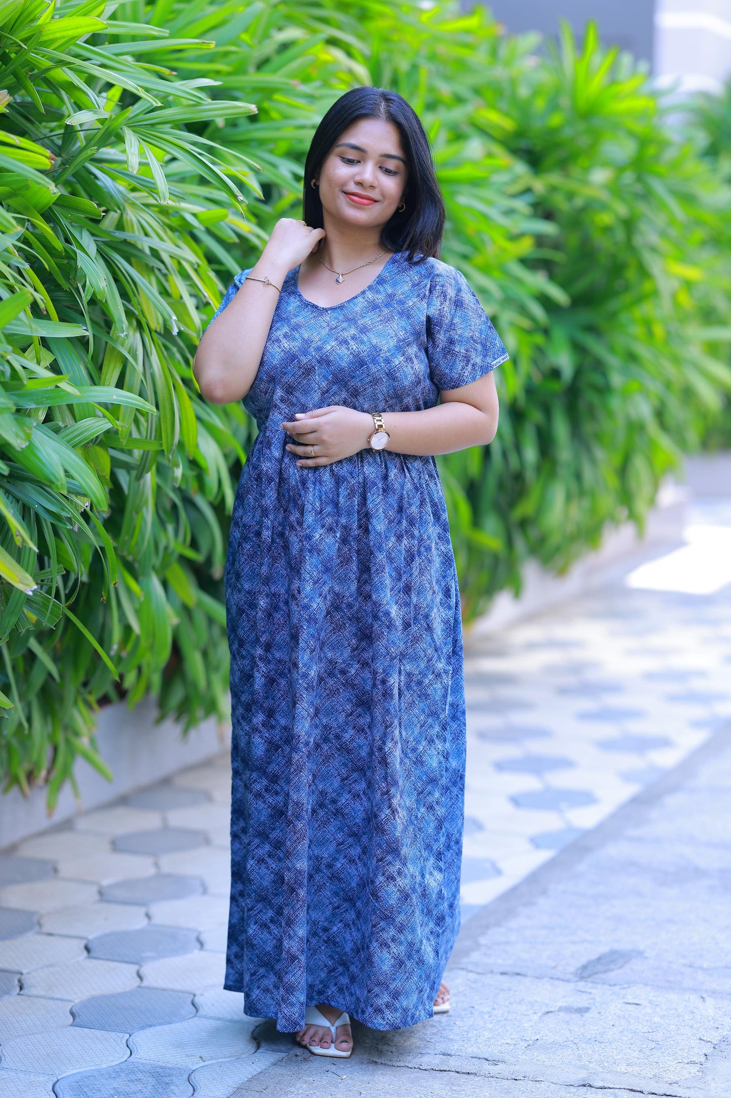 Dark Blue With Light Blue Floral Design Without zip  Frock
