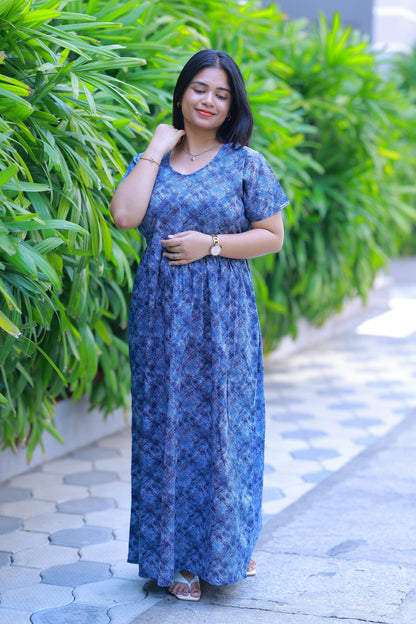 Dark Blue With Light Blue Floral Design Without zip  Frock