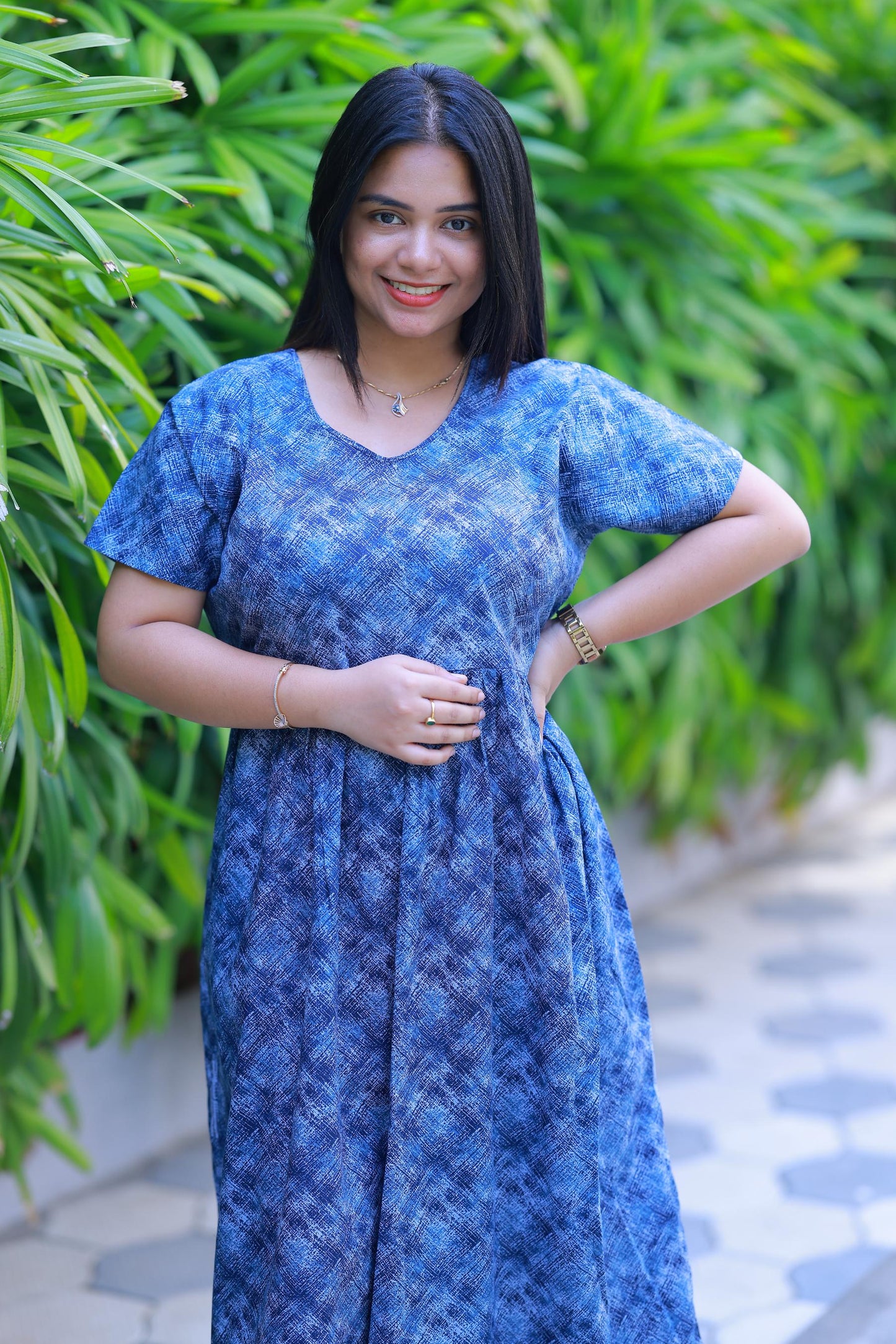 Dark Blue With Light Blue Floral Design Without zip  Frock