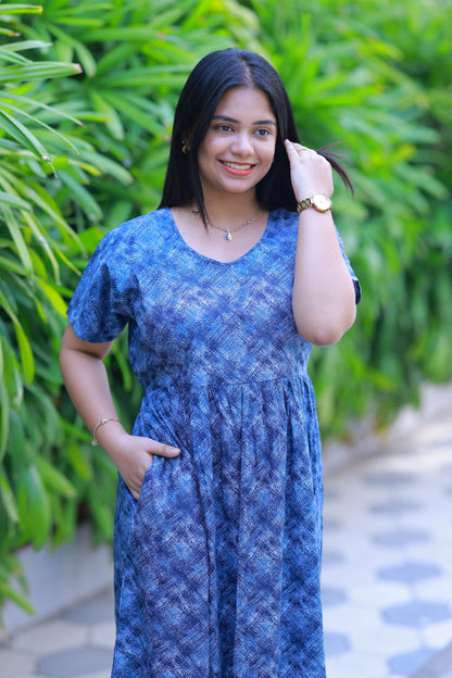 Dark Blue With Light Blue Floral Design Without zip  Frock