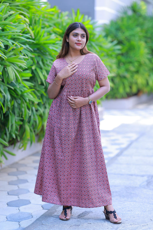 Maroon  With Light Pink Daimont Parten  Without zip  Frock - AHA Nightwears