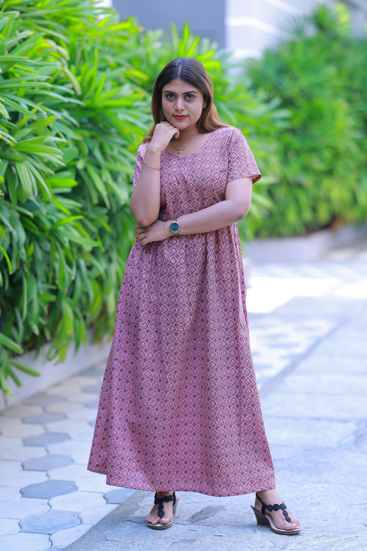 Maroon  With Light Pink Daimont Parten  Without zip  Frock - AHA Nightwears