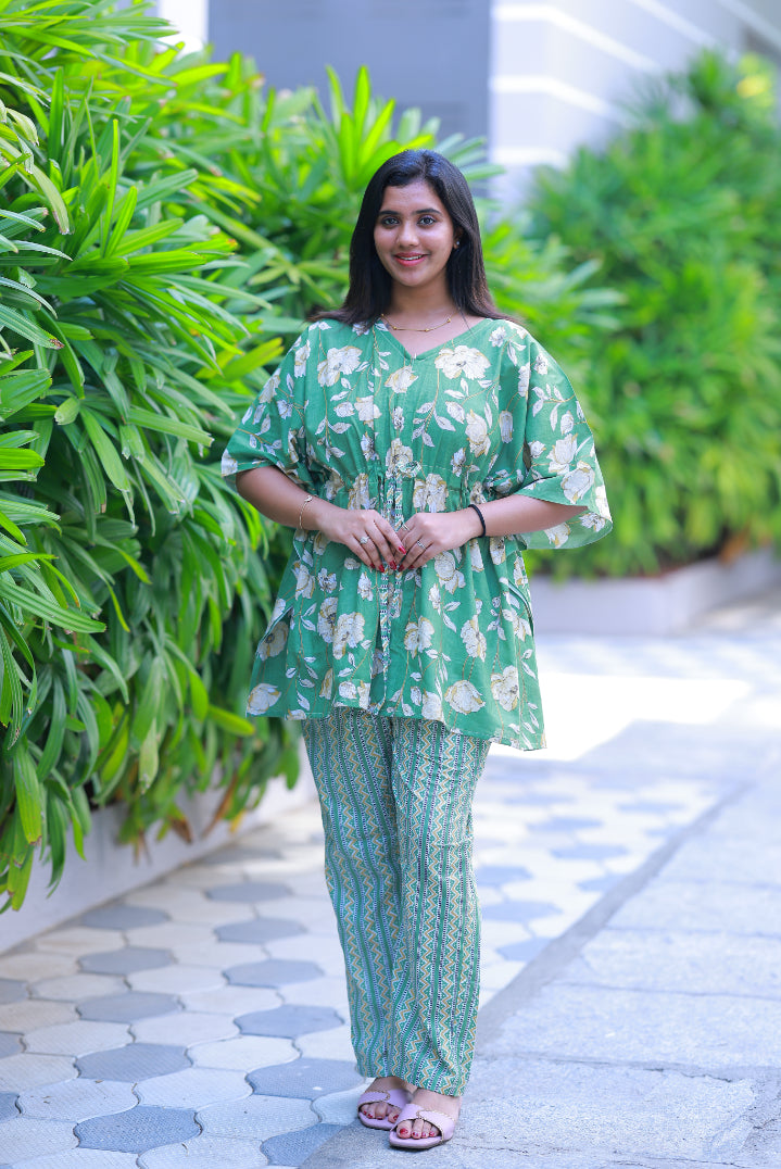 Green Pretty Jaipur cotton kaftan with pyjamas set ( 2 pcs set ) - AHA Nightwears