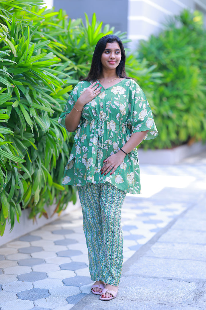 Green Pretty Jaipur cotton kaftan with pyjamas set ( 2 pcs set ) - AHA Nightwears