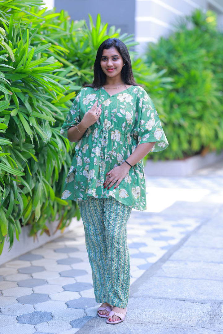 Green Pretty Jaipur cotton kaftan with pyjamas set ( 2 pcs set ) - AHA Nightwears