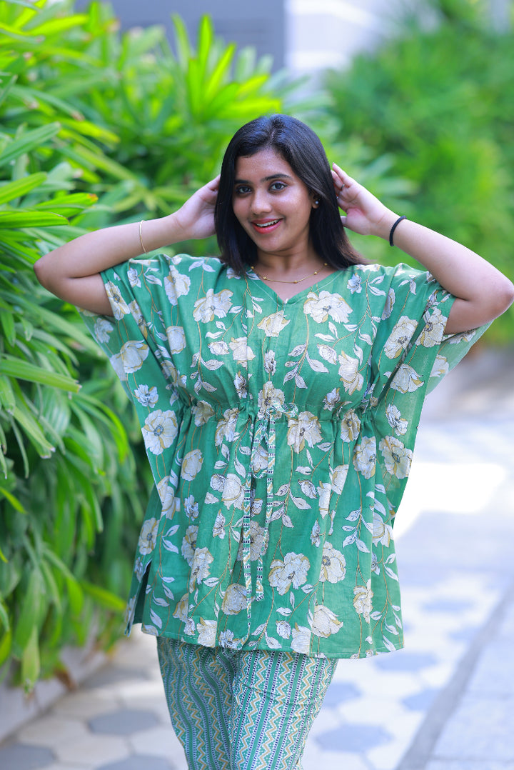 Green Pretty Jaipur cotton kaftan with pyjamas set ( 2 pcs set ) - AHA Nightwears