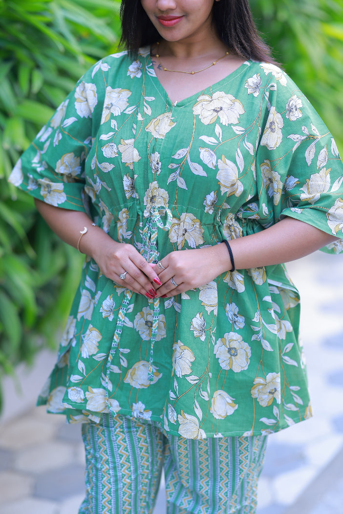 Green Pretty Jaipur cotton kaftan with pyjamas set ( 2 pcs set ) - AHA Nightwears