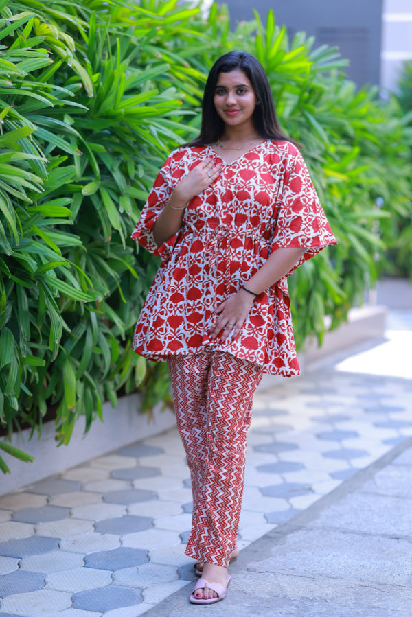 Dark Red With White  Pretty Jaipur cotton kaftan with pyjamas set ( 2 pcs set ) - AHA Nightwears