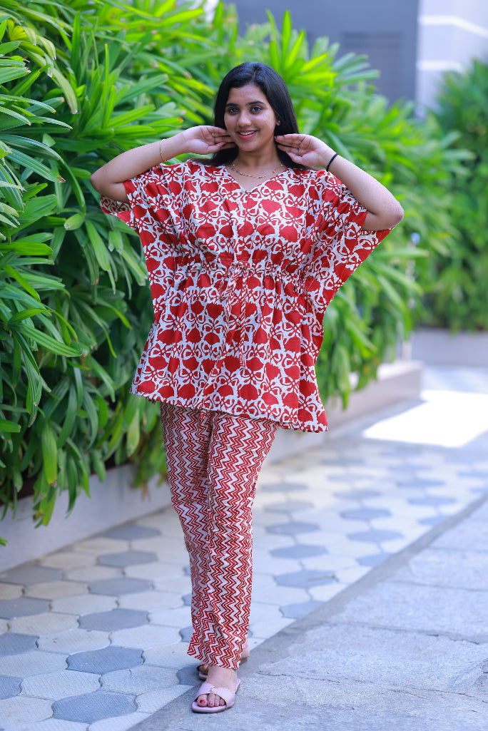 Dark Red With White  Pretty Jaipur cotton kaftan with pyjamas set ( 2 pcs set ) - AHA Nightwears