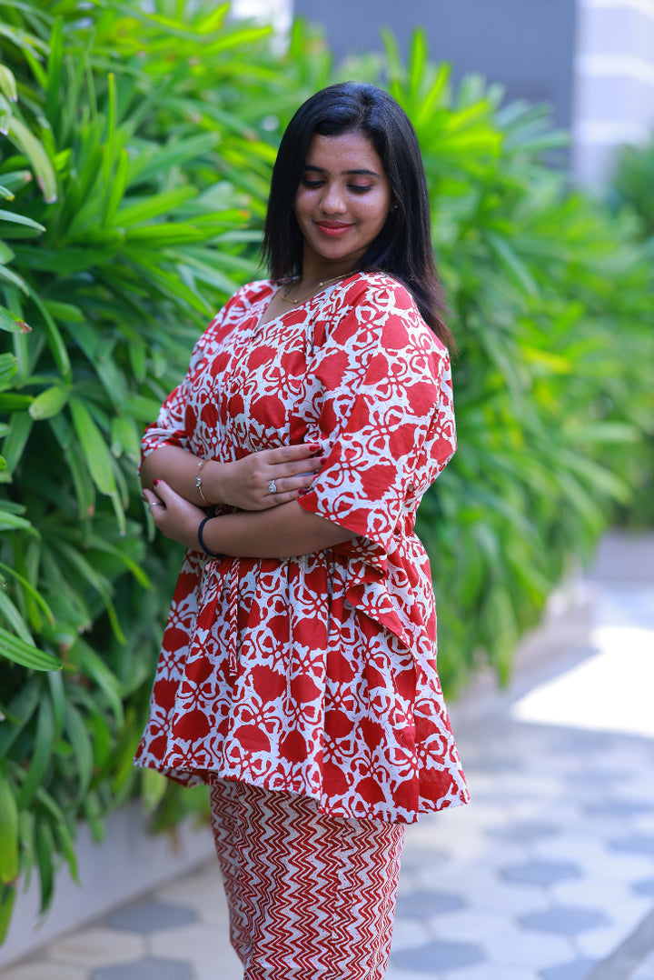 Dark Red With White  Pretty Jaipur cotton kaftan with pyjamas set ( 2 pcs set ) - AHA Nightwears