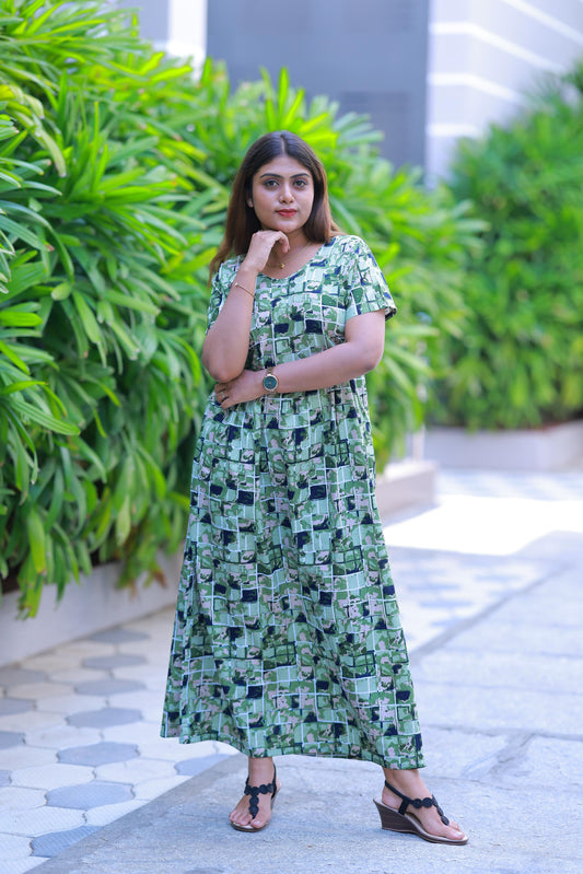 Green With Dark Blue Floral Design Without zip  Frock