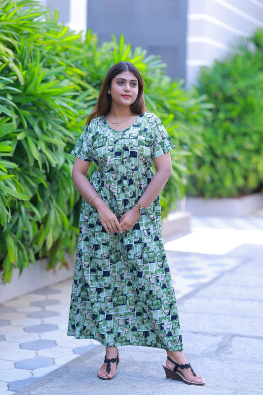 Green With Dark Blue Floral Design Without zip  Frock
