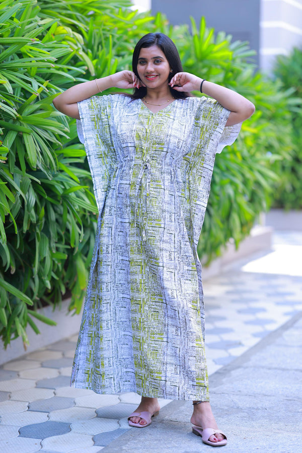 White With Green casual cotton kaftan with center zip