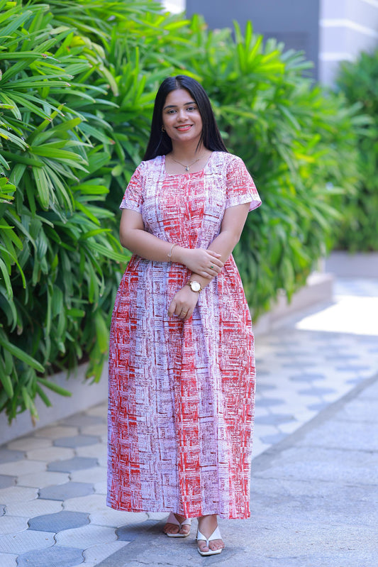 White With Red Floral design with side zip  Frock