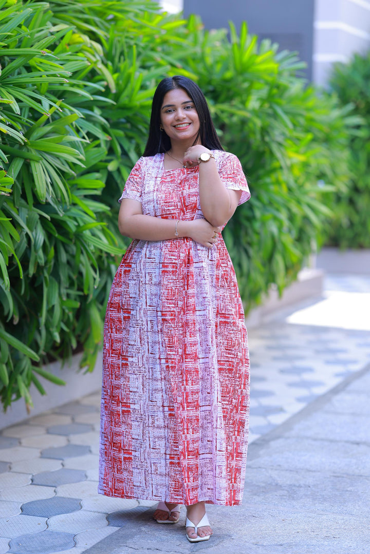 White With Red Floral design with side zip Frock – AHA Nightwears
