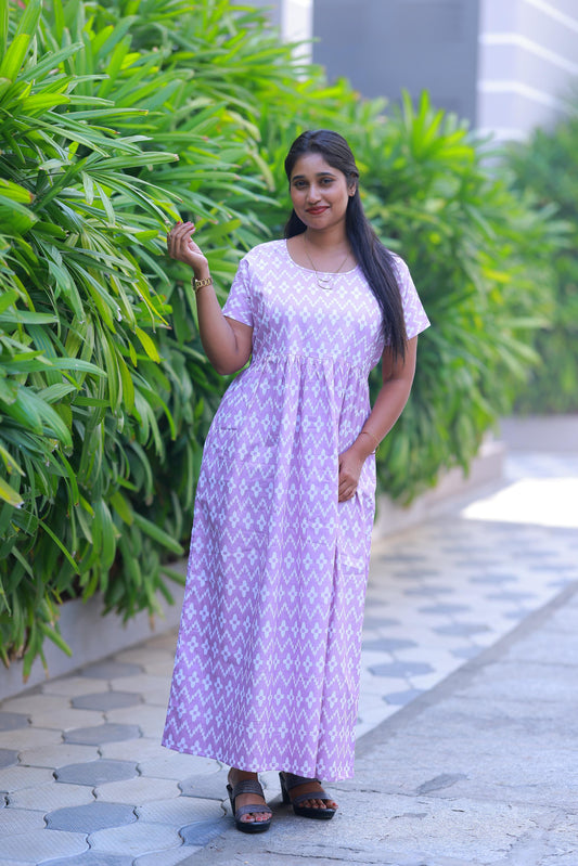 Light Voilet With White design with side zip Frock