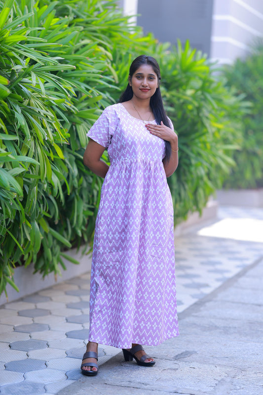 Light Voilet With White design with side zip Frock