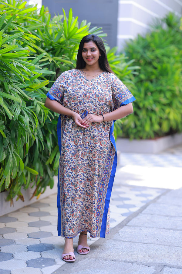 Light Sandal With  Blue Flower Design kaftan center zip - AHA Nightwears