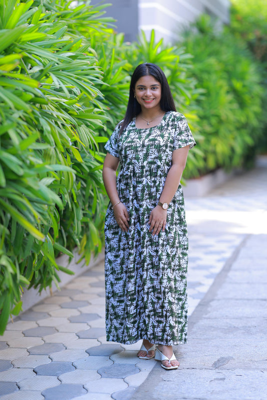 White With Dark Green design with side zip Frock