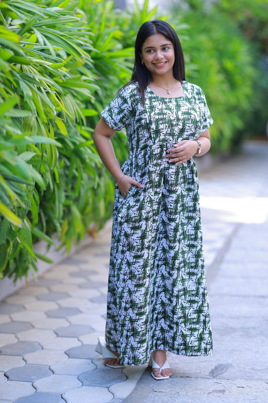 White With Dark Green design with side zip Frock